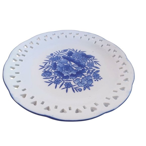 Vtg 9.25" Delf Blue Hand Painted Floral Heart Cutout Lace Edge Decorative - Picture 2 of 9